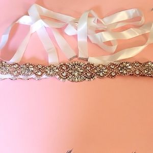 White ribbon wedding belt with crystal accents
